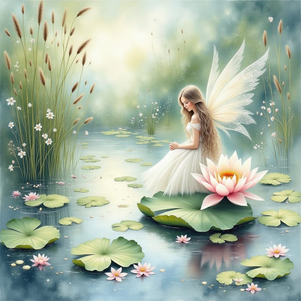 Fairy on Lily Pad in Soft Oil Painting Style