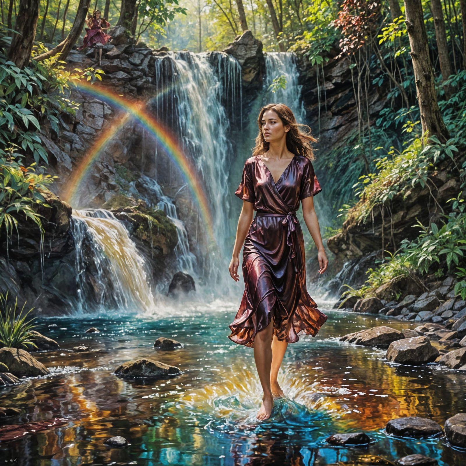 Impressionistic Woman at Forest Waterfall in Oil Painting