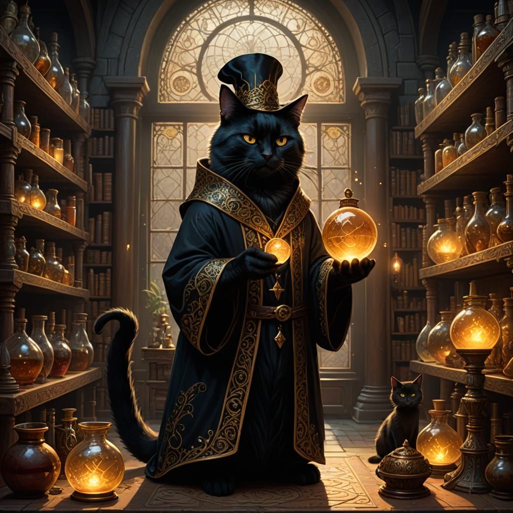 Fantasy Art of Black Cat Sorcerer in Enchanted Laboratory