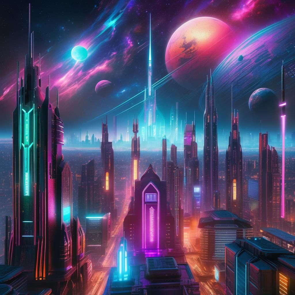 Neon Cyberpunk Cityscape with Gothic Glass Design