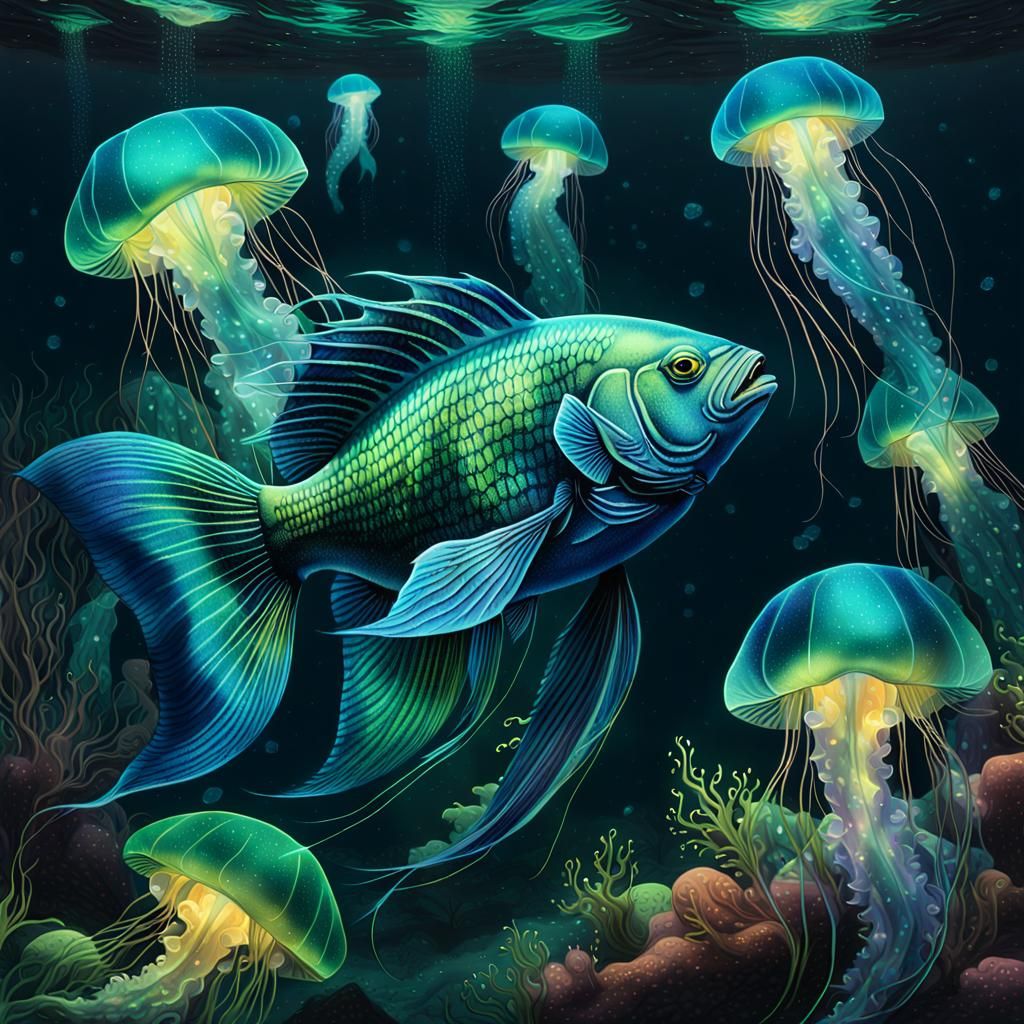 Vibrant Fish in Deep Sea Bioluminescence