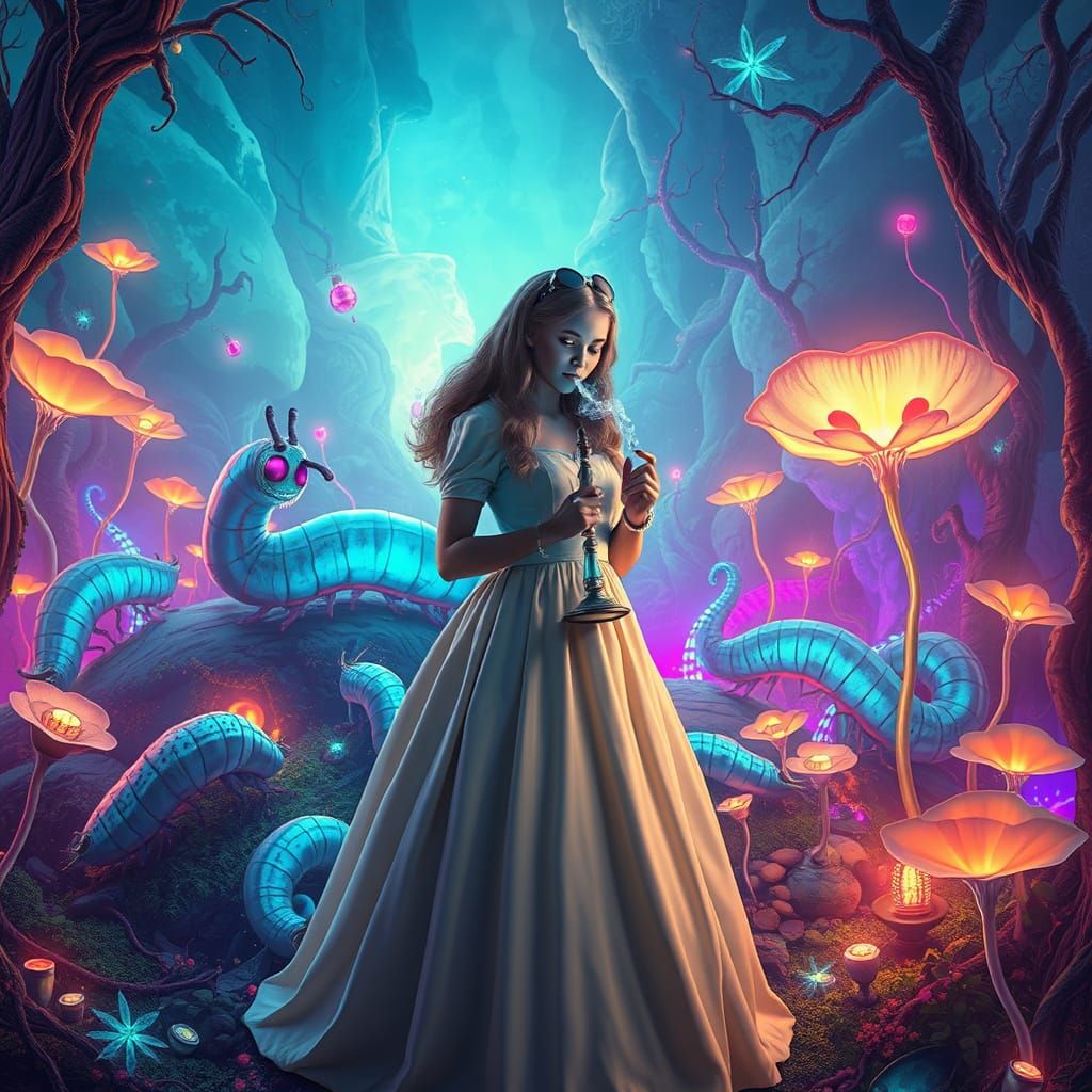 Alice in a Bioluminescent Dreamscape, Neon Art