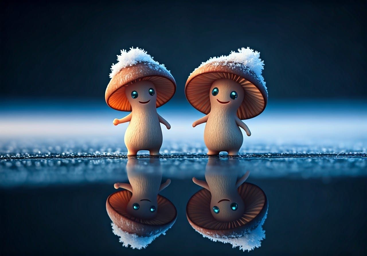 Whimsical Fungal Friends Gaze at Their Ice Reflections