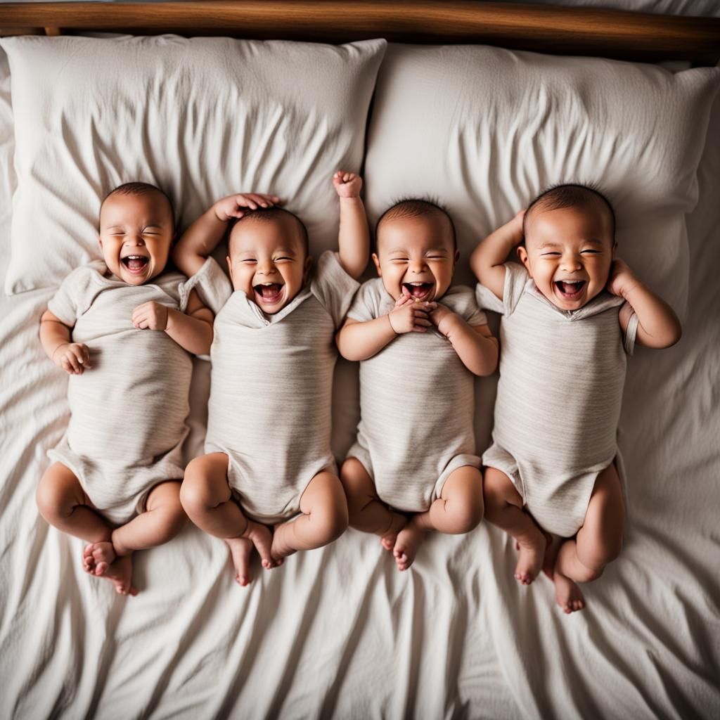 Quintuplet Babies Laughing on a Bed