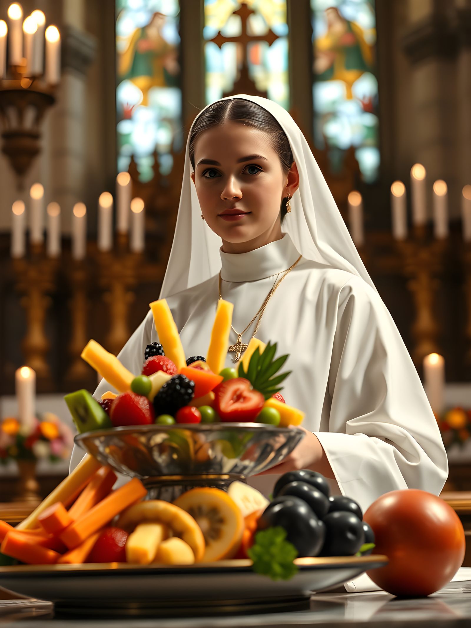 Young Priestess at Fruit Salad Altar