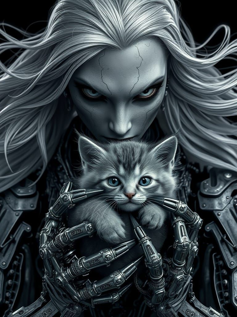 Cyborg Goddess Cares for Feline Companion in Dark, Industria...