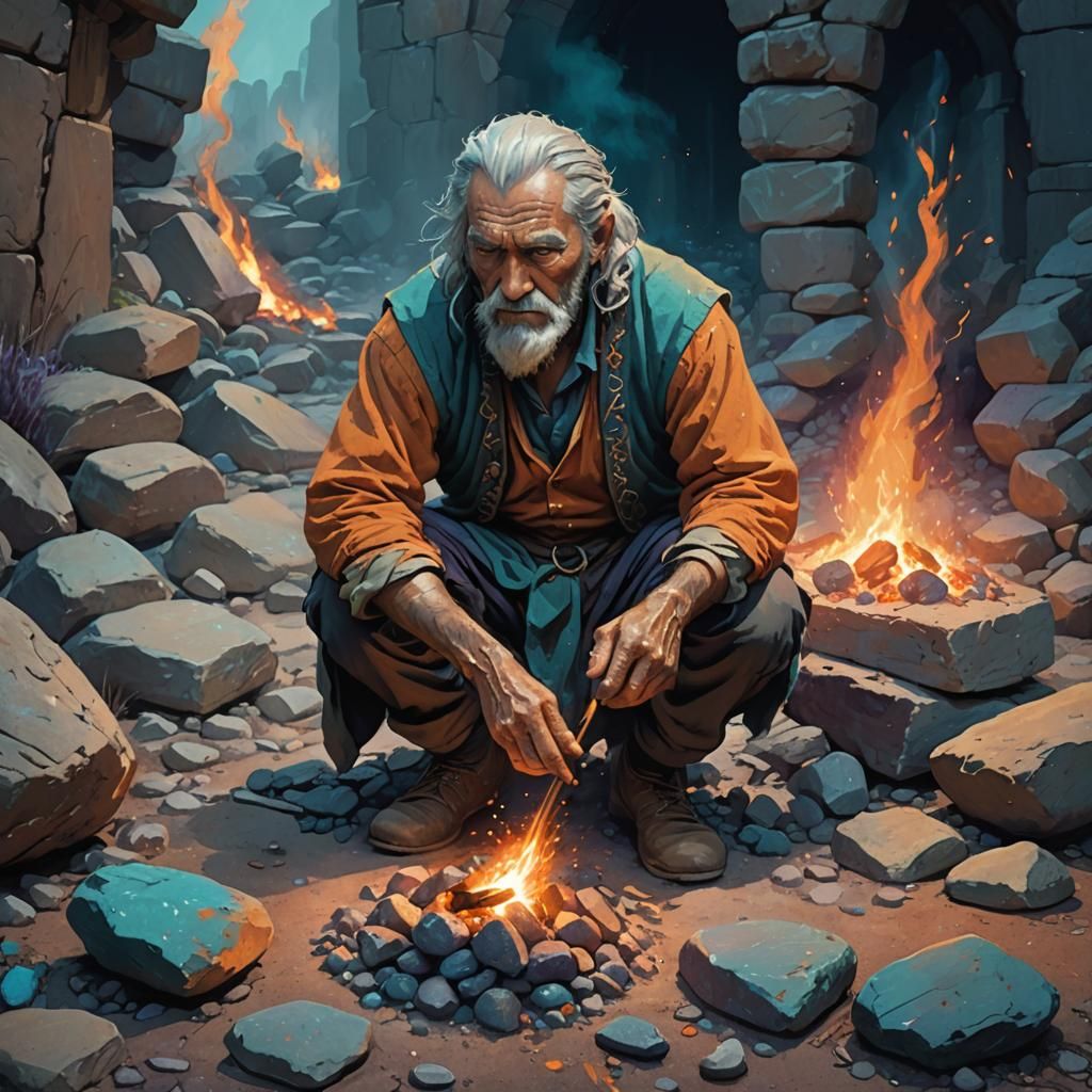 Old Man Makes Fire in Mystical Forest