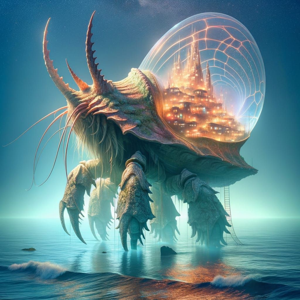 Colossal Crustacean-Elephant Hybrid with Neon Village