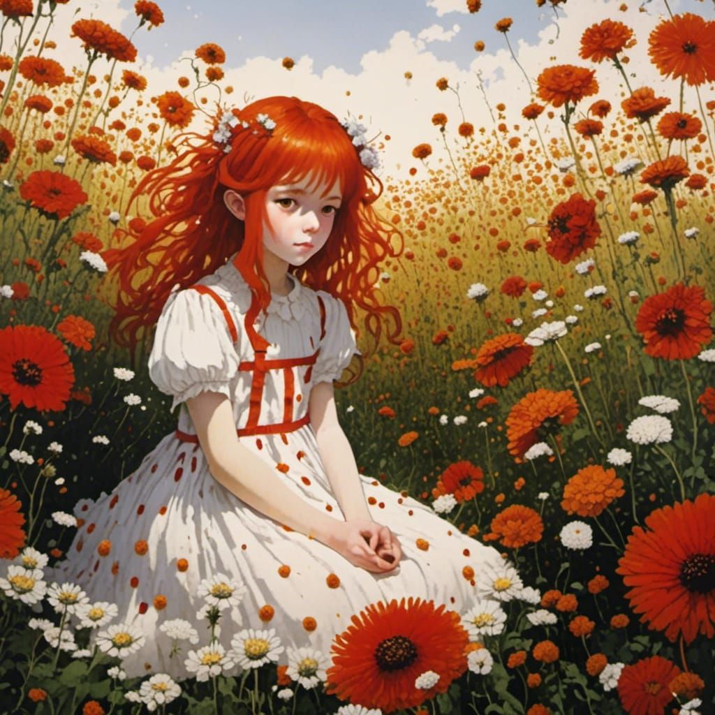 Anime Girl in Flower Field at Golden Hour