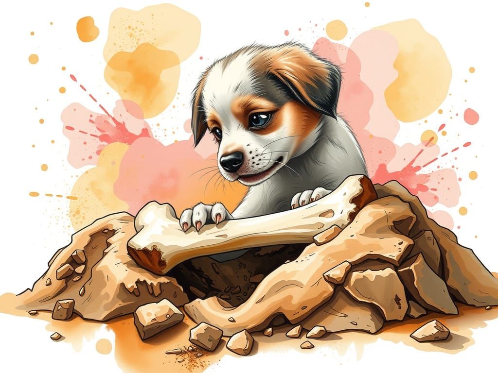 Cute Puppy Digging Hole for Bone: Watercolor Art