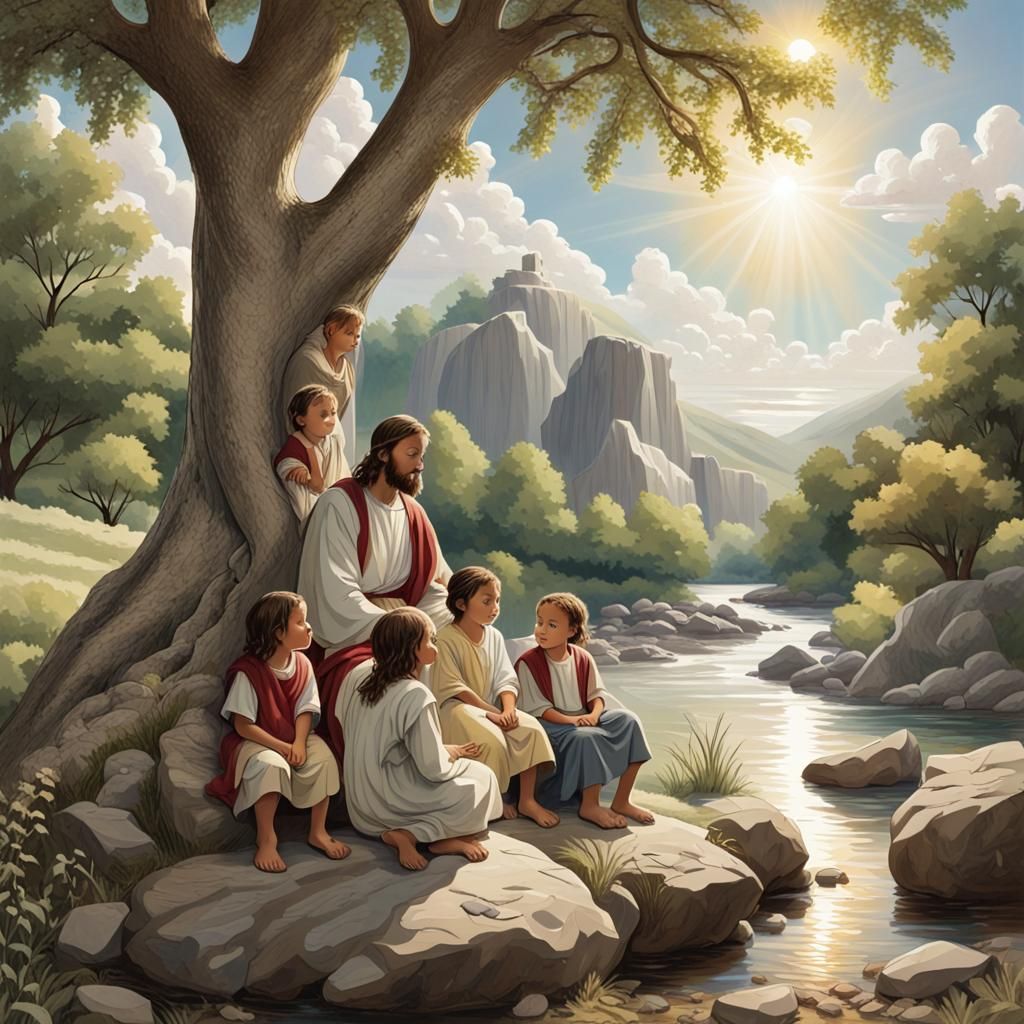 Children Gather Around Jesus in Nature