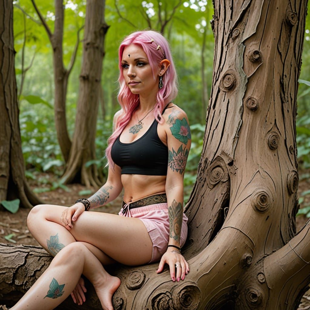 Boho Elf Woman Shows Lotus Tattoo to Friend