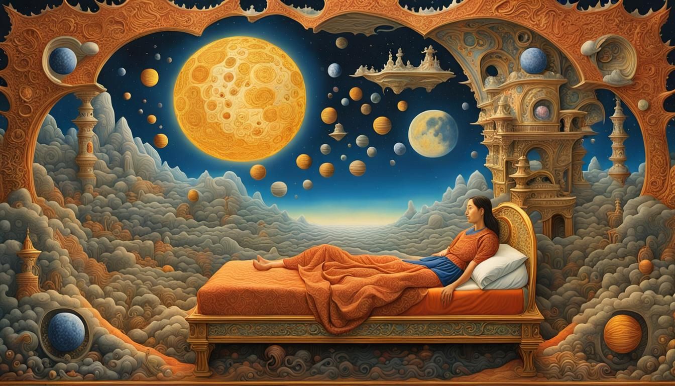 Surreal Celestial Bed: A Dreamlike Masterpiece