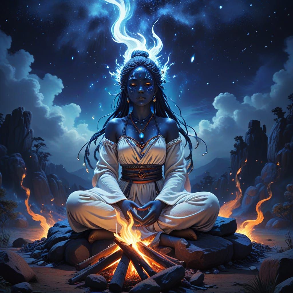 Native Shaman Girl Behind Blue Bonfire, Studio Ghibli Style