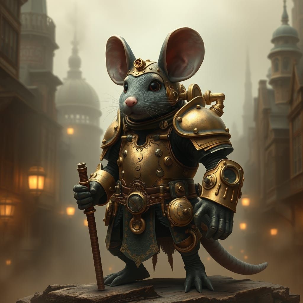 Steampunk Mouse Warrior in Victorian Metropolis