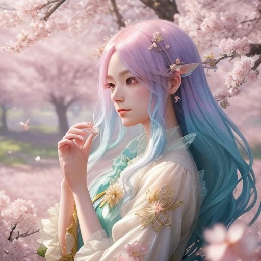 Anime Fairy in Cherry Blossoms, 3D Digital Art