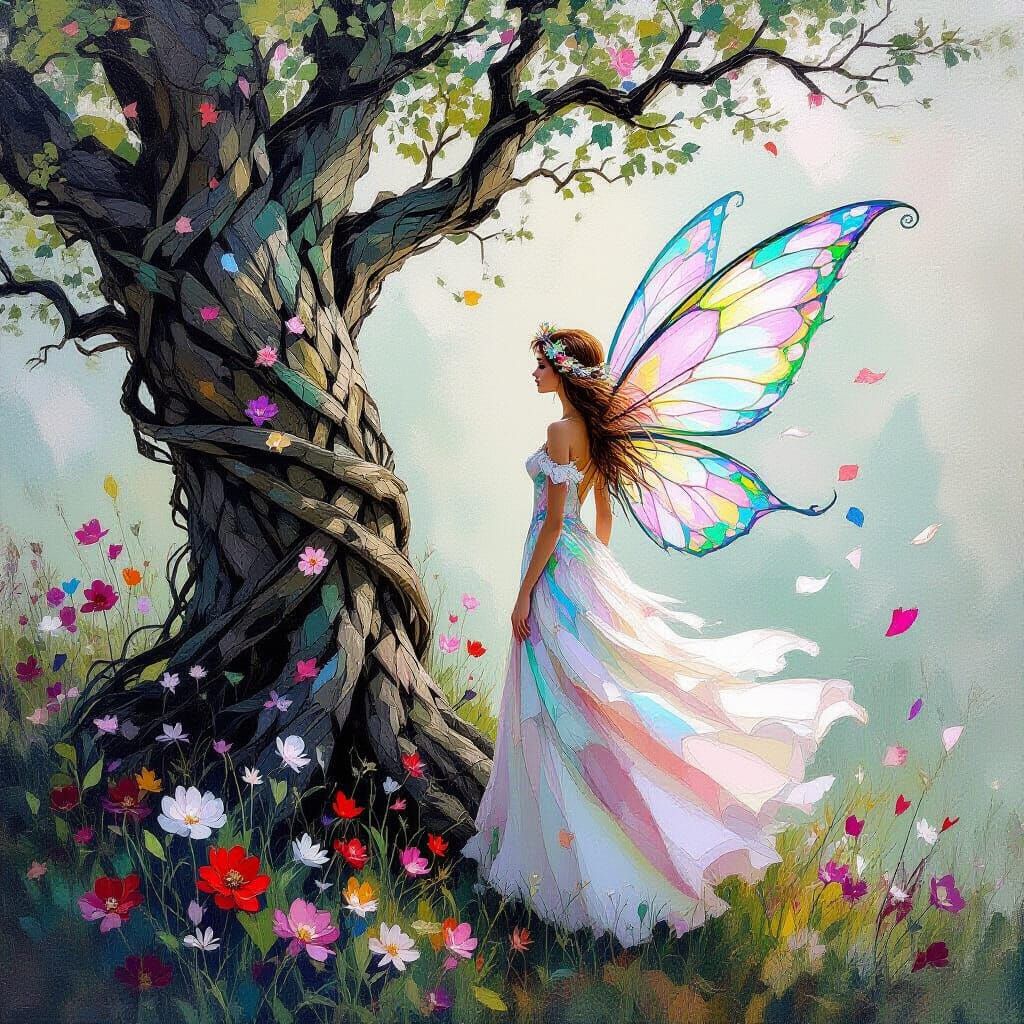 Fairy by Vine-Covered Tree Impasto Painting