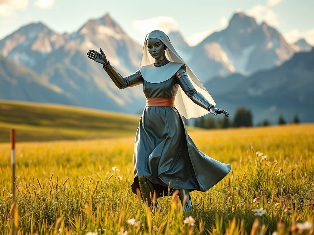 Futuristic Robot Nun Spins in Lush Alpine Field