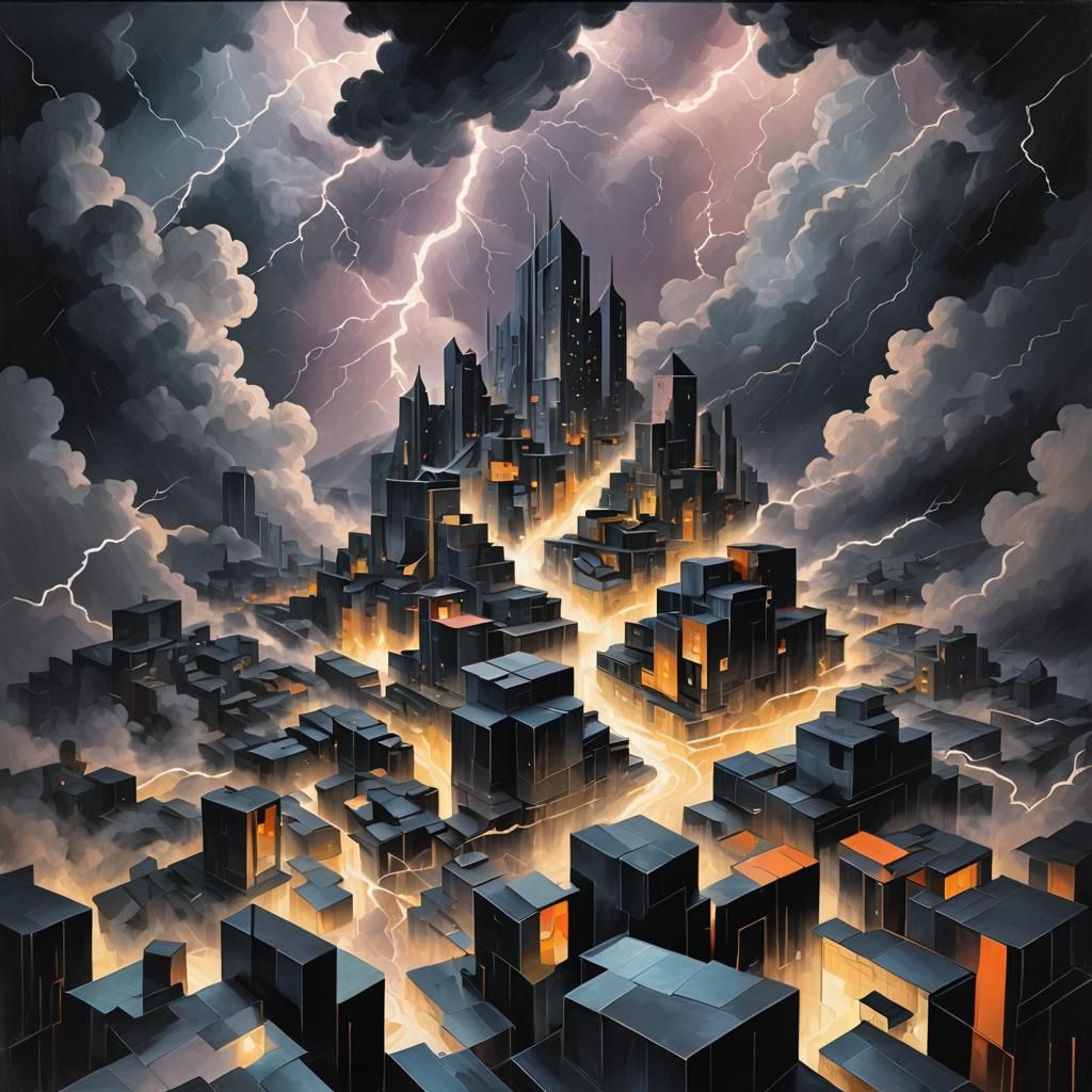 Intense Thunderstorm at Night in Cubist Style
