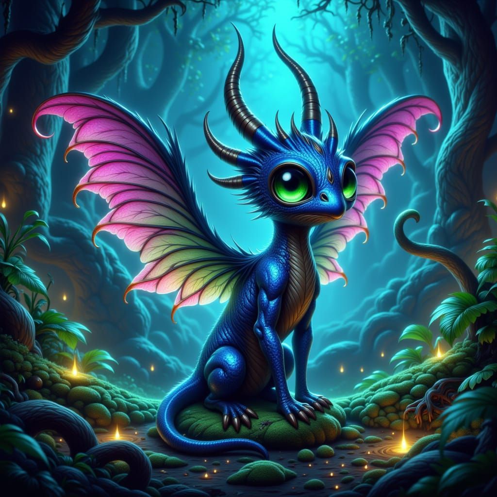 Fantastical Creature in Bioluminescent Forest