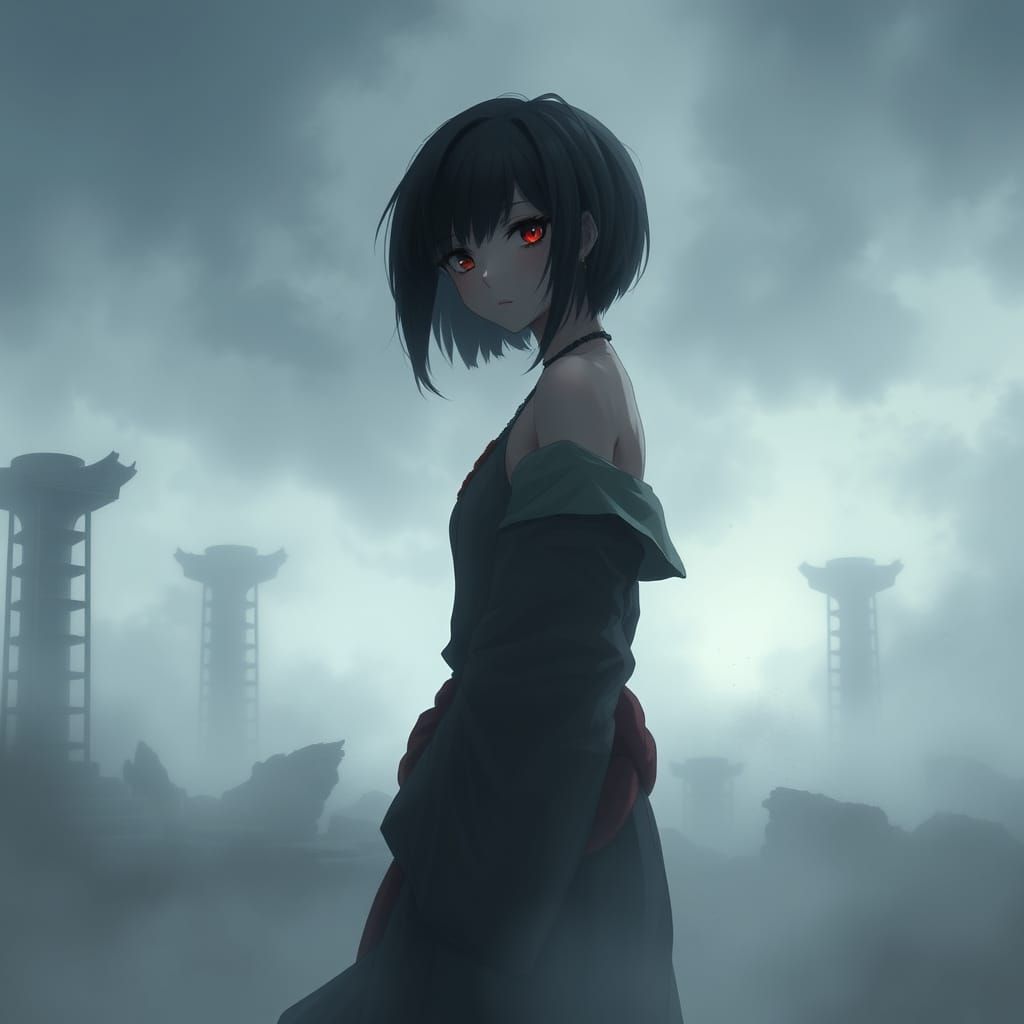 Anime Goddess in Mist on Temple Ruins
