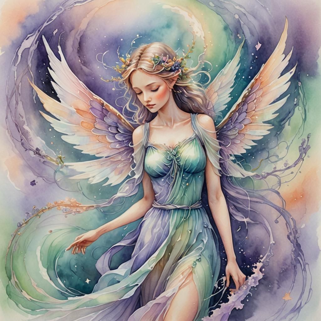 Ethereal Fairy Sprite in Watercolor Vortex