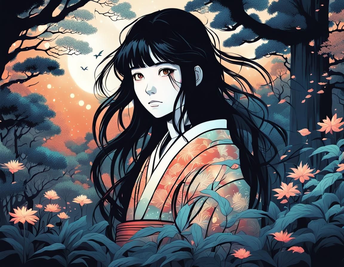 Artist Girl in Glowing Japanese Forest - Manga Style