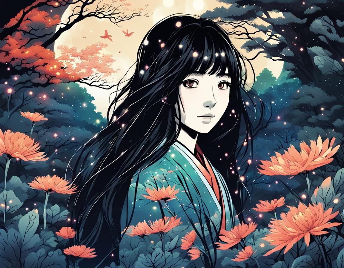 Artist Girl in Glowing Japanese Forest: Manga Style