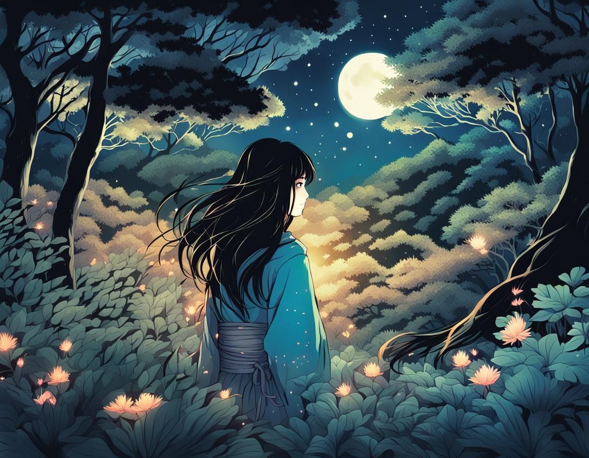 Artist Girl in Glowing Japanese Forest - Manga Style