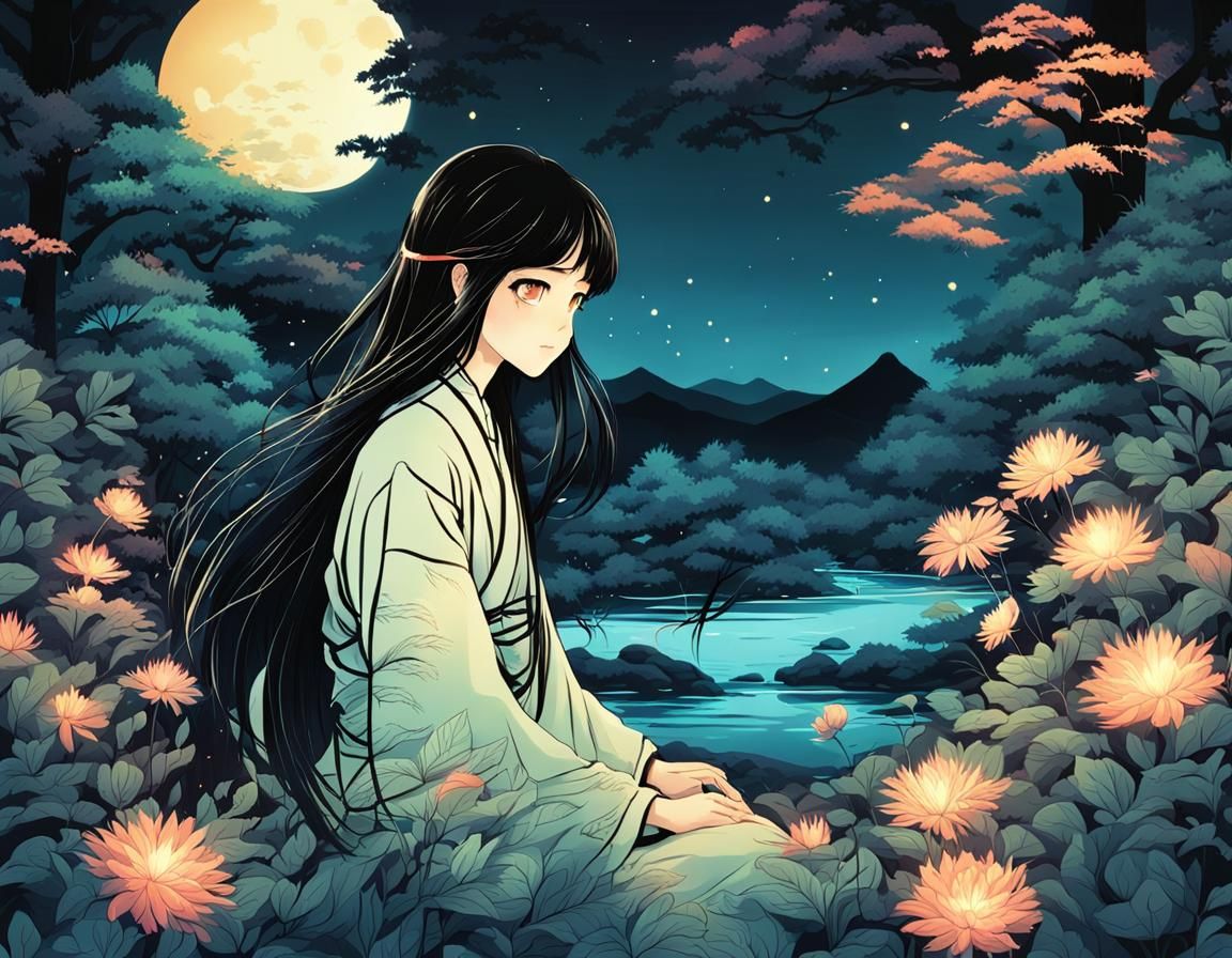 Mysterious Artist Girl in Glowing Japanese Forest: Manga Sty...
