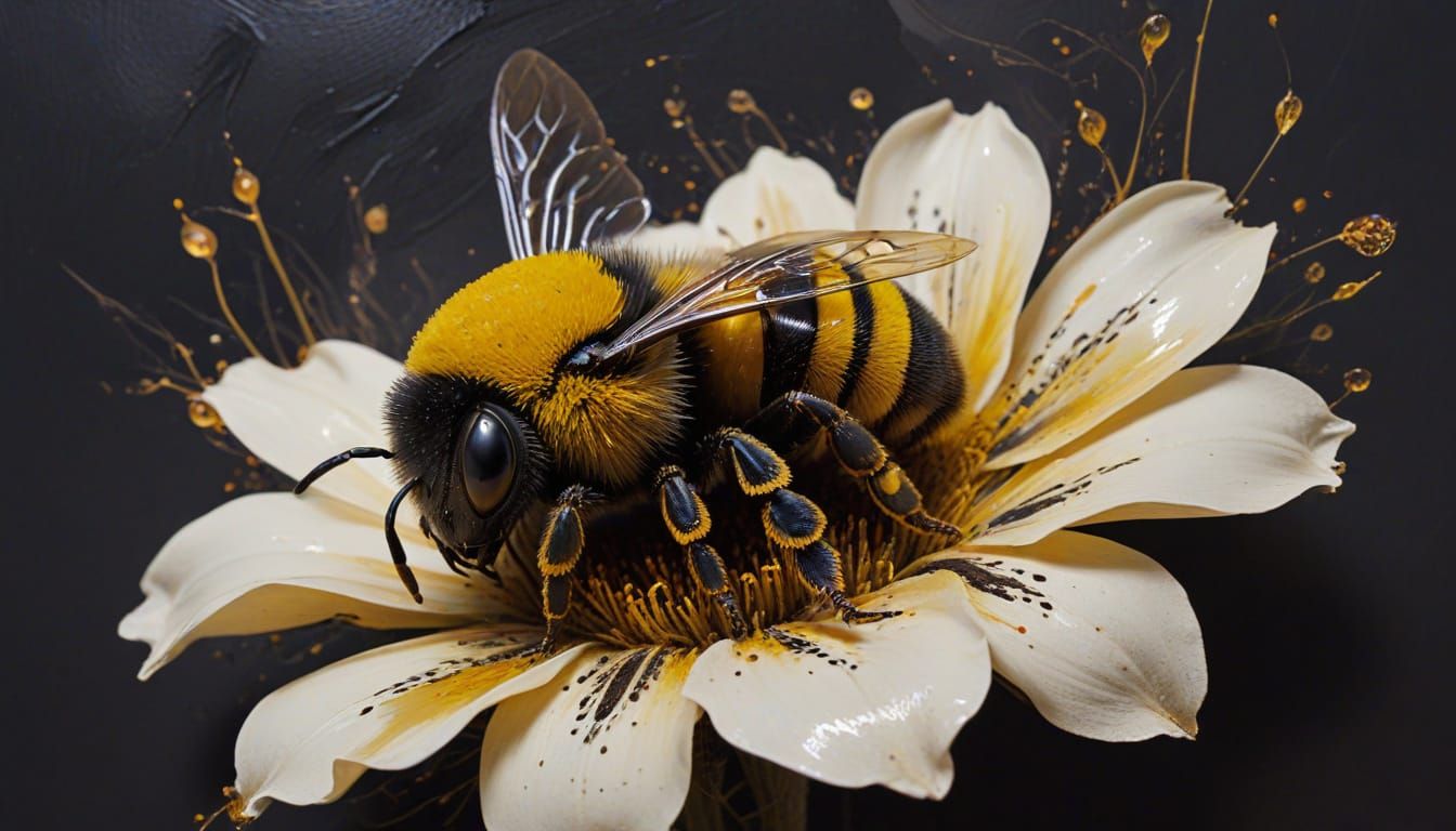 Sleeping Bumblebee in Flower, Expressionist Drip Painting