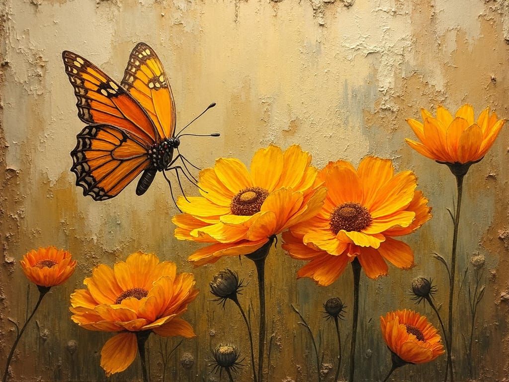 Butterfly and Golden Ranunculus in Impasto Style