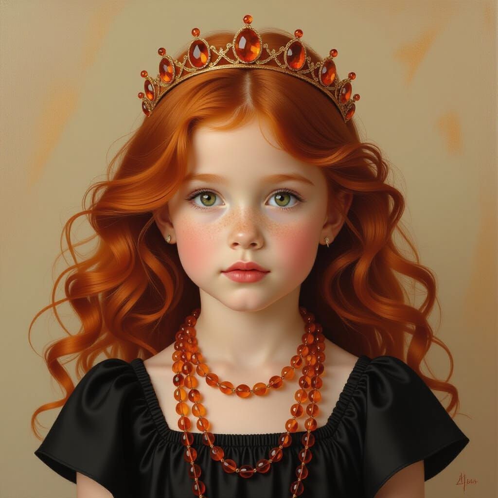 Girl with Amber Necklaces: Hyperrealistic Oil Painting