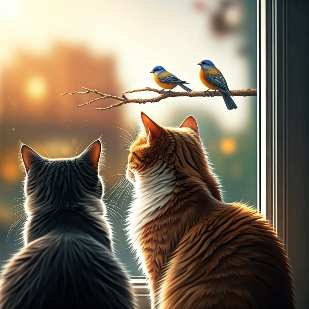 Cats Watching Birds in Natural Light