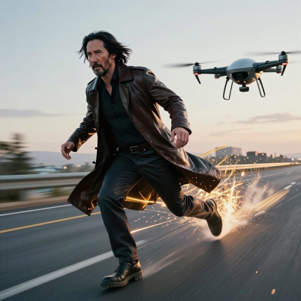 Trinity-like Figure Meets Drone on Futuristic Highway