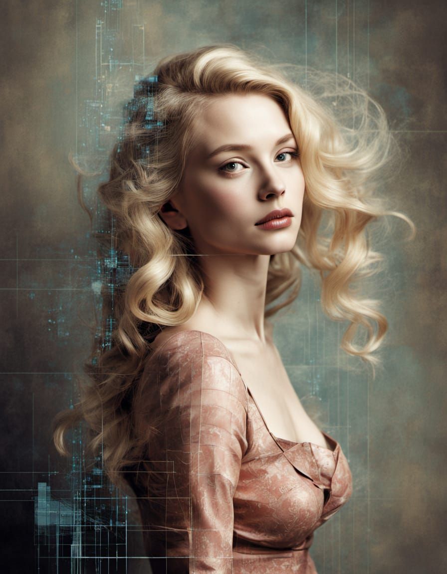 Glitch Art Portrait of 1950s Woman in Art Nouveau Style