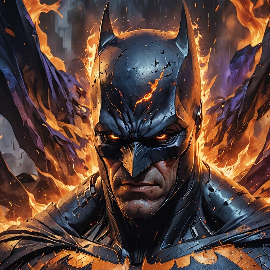 Angry Batman Portrait in Fiery Setting