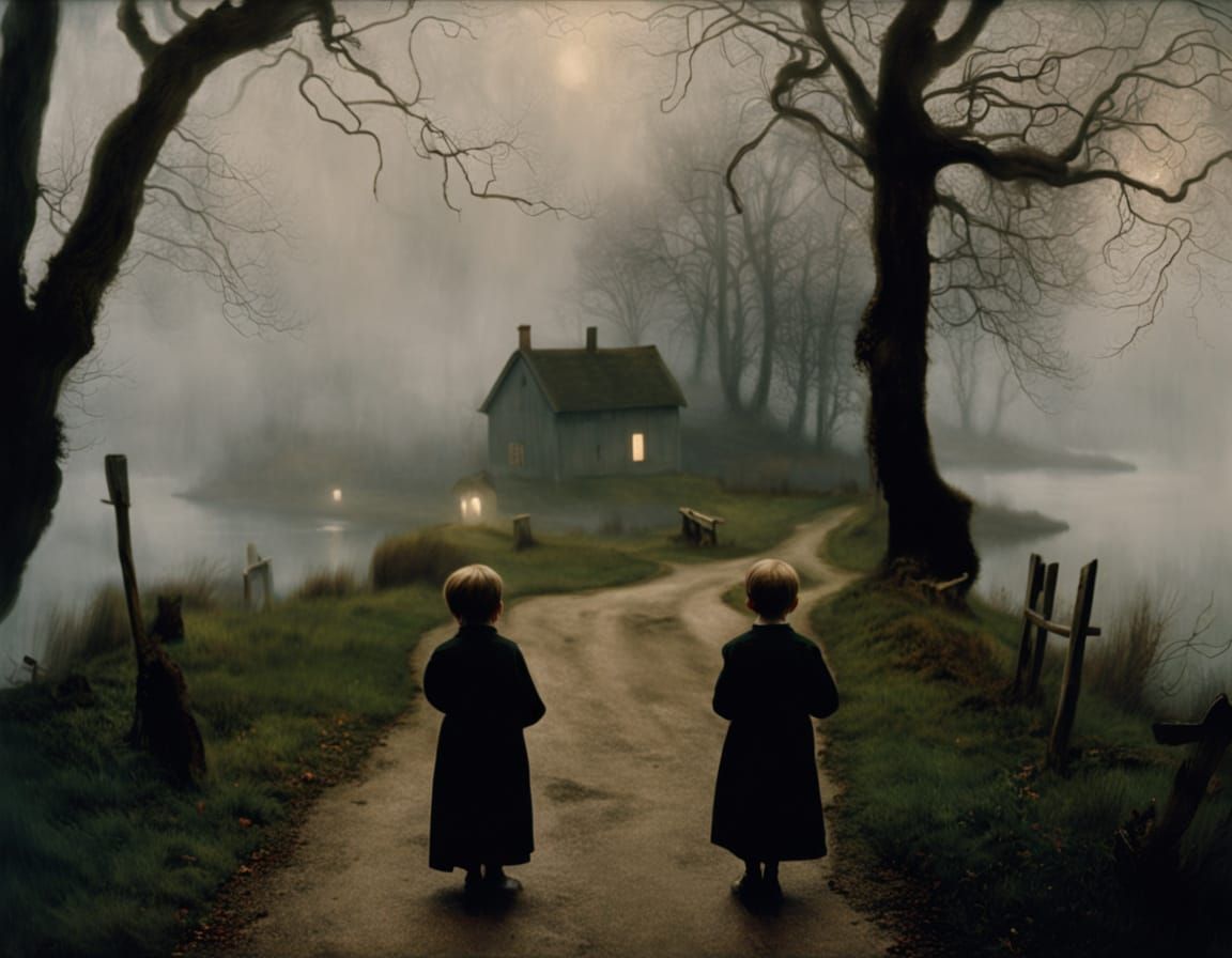 Sinister Children Trick or Treating in Surreal Fog