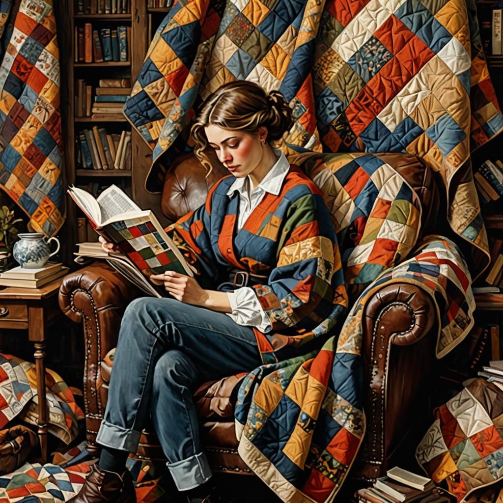 Woman Reading in Armchair with Fractal Quilt