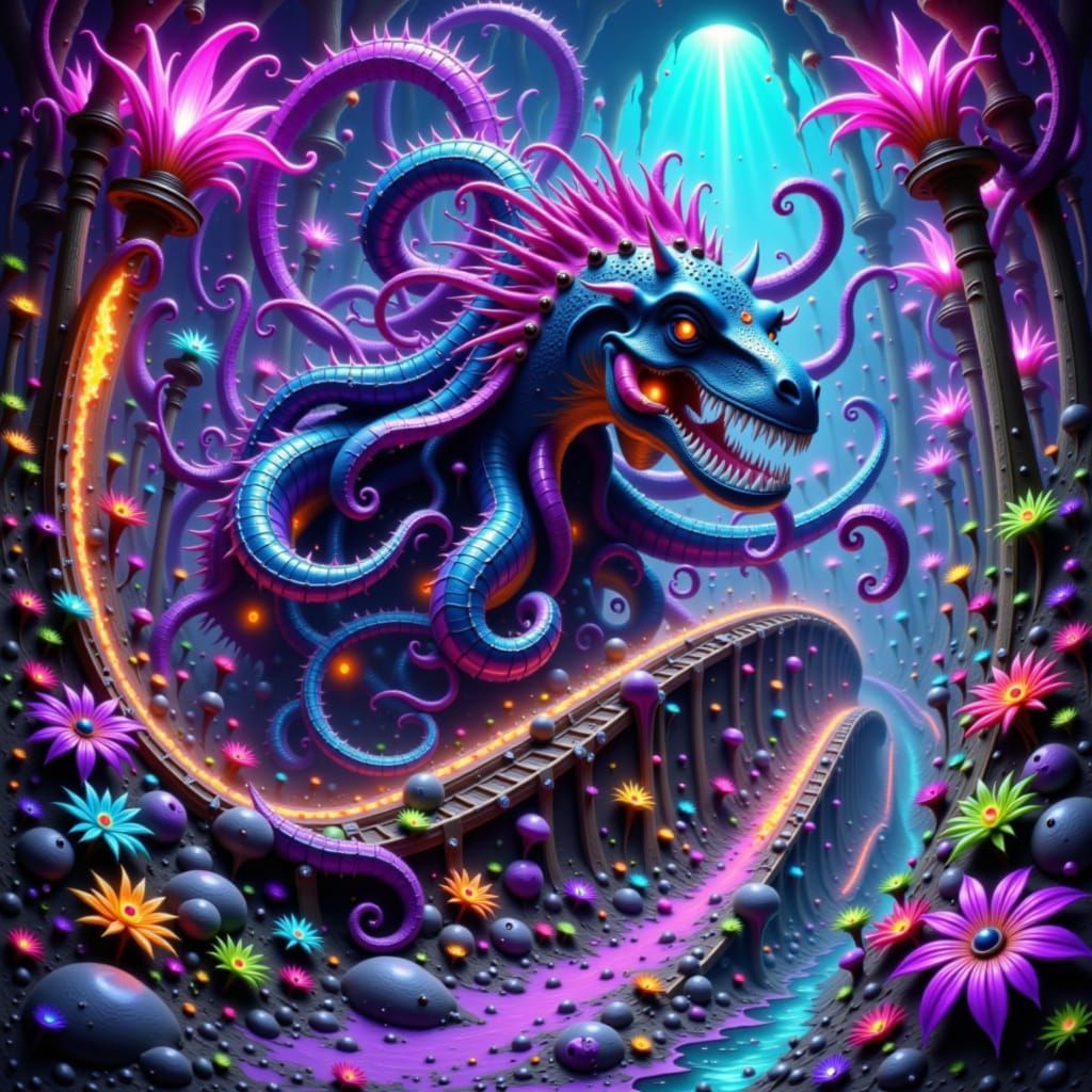 Dinosaur Octopus Apothecary on Rollercoaster in Anime Style