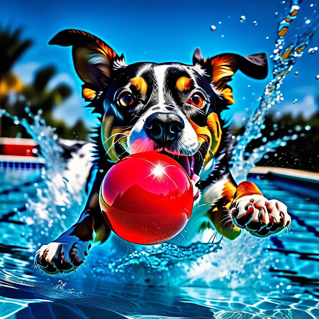 Playful Dog Chasing Ball with Pool Reflections