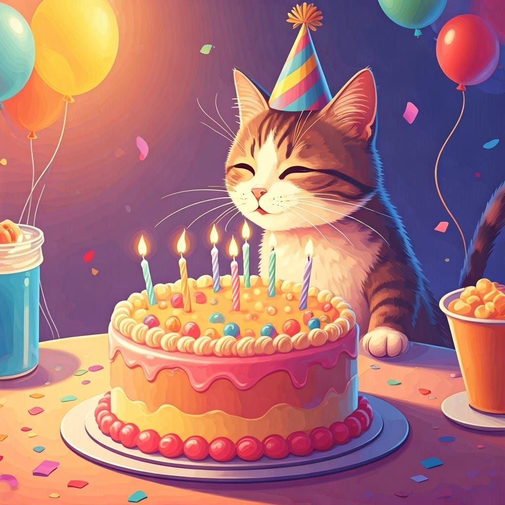 Festive Feline Celebrates Birthday in Whimsical Anime Style