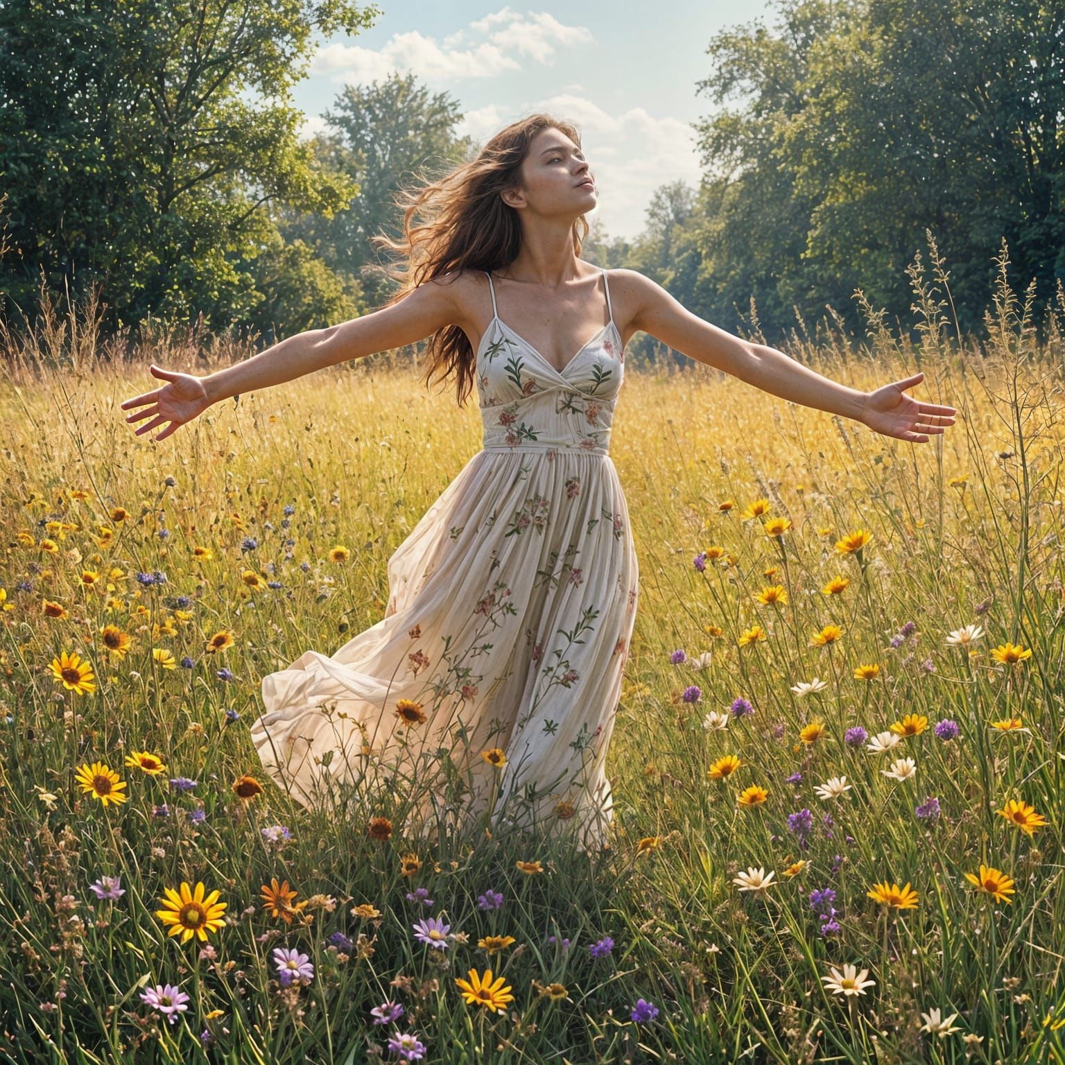 Woman Embraces Sunlight in Impressionistic Meadow