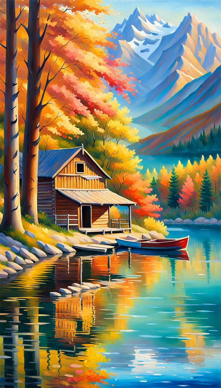 Late summer Riverside, old wooden hut, a boat bobbing in the...