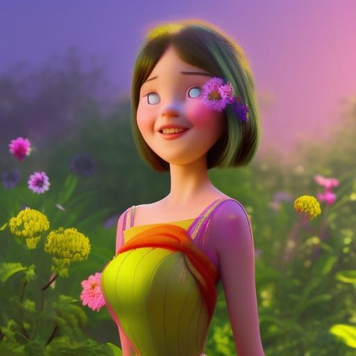 Girl in Garden: Pixar-Style 3D Digital Art