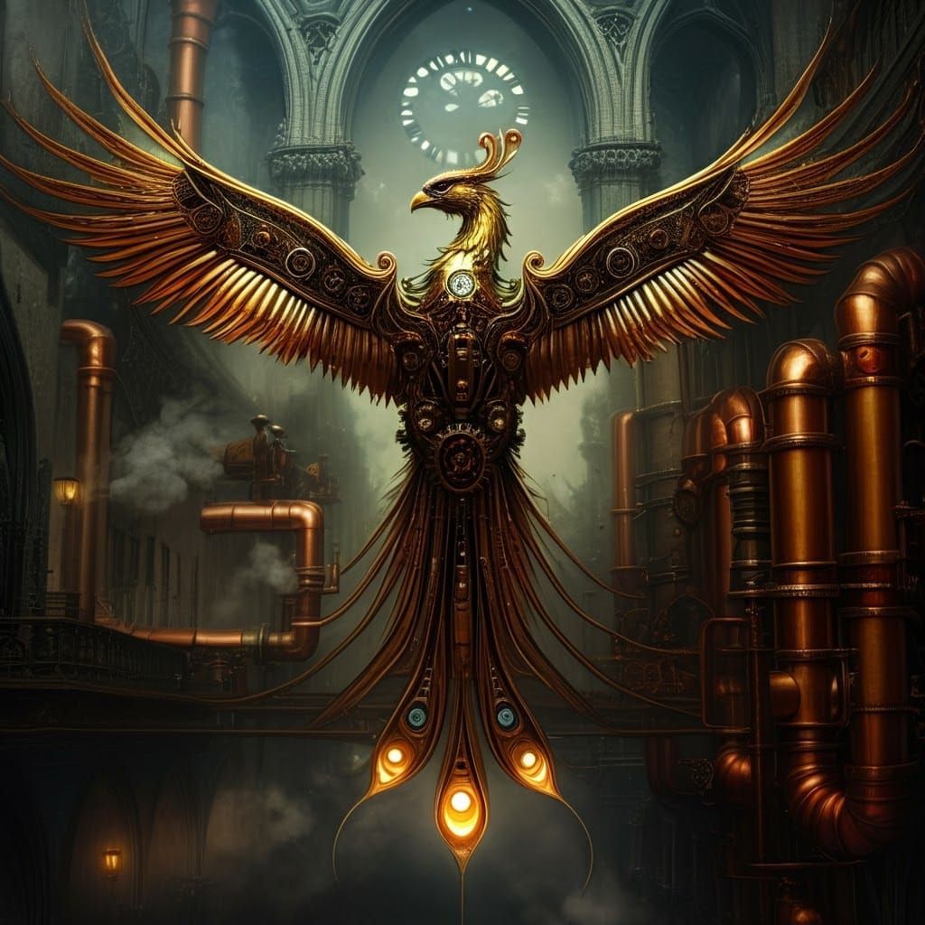 Ornate Phoenix Rises Over Gothic Biopunk Cityscape