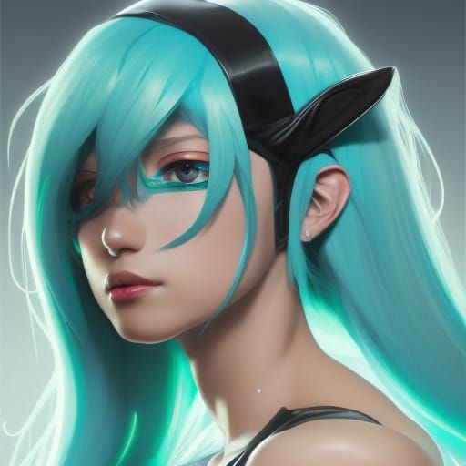 Black Hatsune Miku Portrait by Rutkowski, Artgerm, and Mucha