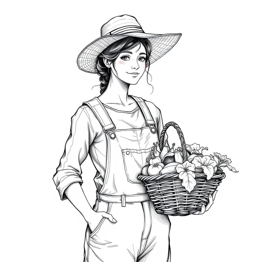 Woman with Vegetables: Black and White Sketch