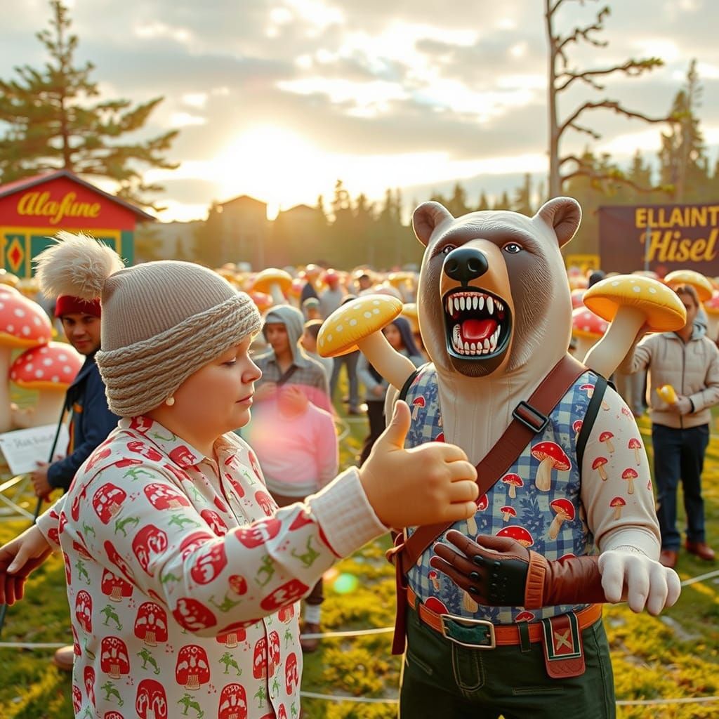 Giant Hiker Figure Confronts Bear in Faded Photo Style