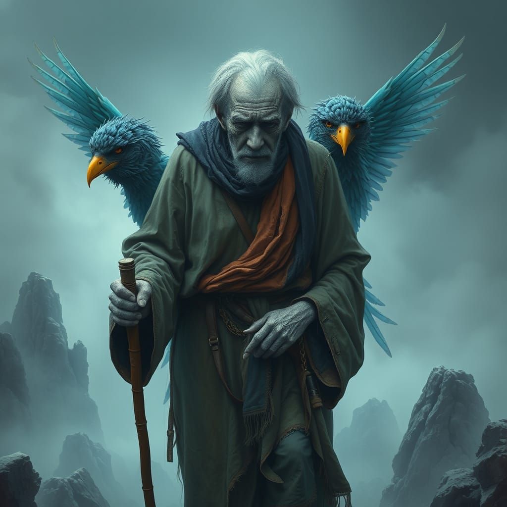 Old Man and Harpies in Dreamy Landscape